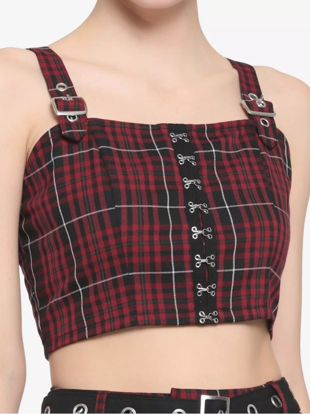 HOT TOPIC Maroon and Black Plaid Hook-Front Crop Top with elastic back